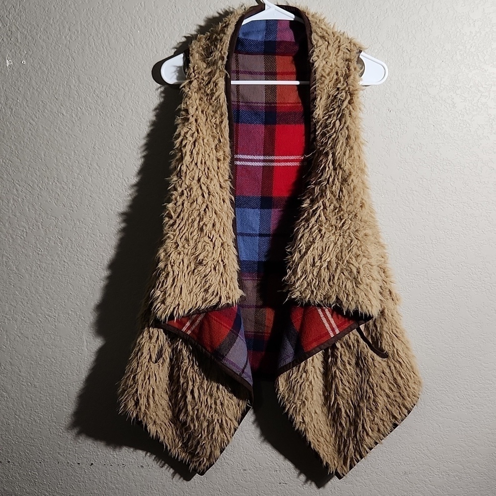 Mossimo Vest faux fur plaid reversable L / XL teddy bear style western plaid